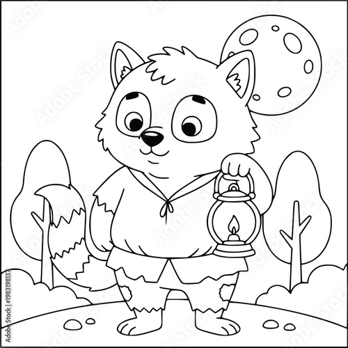 Werewolf coloring page of a cute wolf cub holding a lantern at night