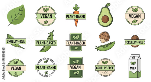 Set of healthy eating and vegan lifestyle badges with fruits, vegetables, and plant-based food symbols
