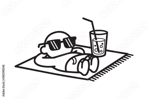 Person Sunbathing on Towel with Sunglasses Summer Beach Vacation Line Art Illustration, Ideal for Travel Ads and Relaxation Lifestyle Content