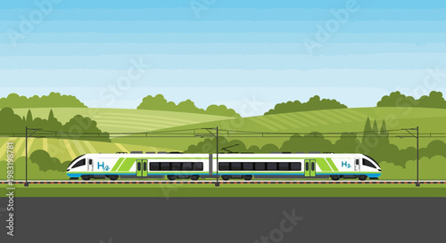 Modern Green Hydrogen Powered High Speed Train Traveling Through Scenic Countryside.
