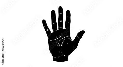 Silhouette of a Raised Hand Palm with Palmistry Lines in Black and White.