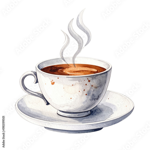 Watercolor illustration of a white teacup with saucer, filled with hot coffee, steam rising