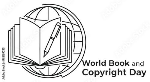 World book and copyright day logo with an open book and pen illustration