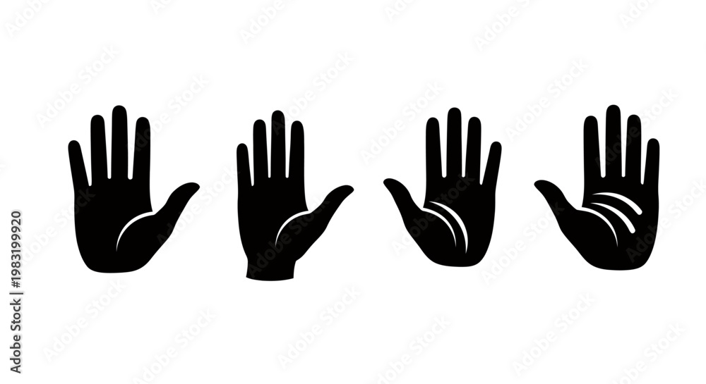 Obraz premium Set of four black hand icons showing different gestures against a white background for graphic use.