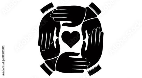 Diverse hands forming a circle around a heart symbolize unity, care, and collective support.