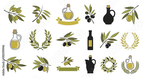Set of olive oil icons, bottles, branches, and wreaths with olives, celebrating Mediterranean cuisine and healthy lifestyle