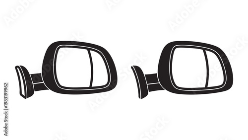 Black and white line drawing of two automotive side view mirrors