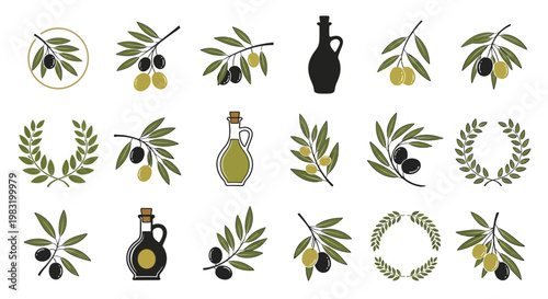 Versatile Set of Stylized Olive and Olive Oil Vector Icons, Ideal for Mediterranean Food Branding, Healthy Lifestyle, and Culinary Design Projects