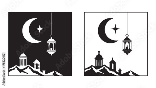 Ramadan Kareem illustration with mosque and crescent moon