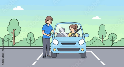 Woman learning to drive car with instructor guidance.
