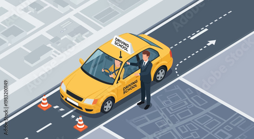 Yellow taxi cab with driver and instructor on road.