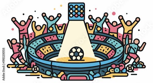 Soccer stadium celebration colorful illustration with cheering crowd in vibrant dynamic lighting for sports marketing