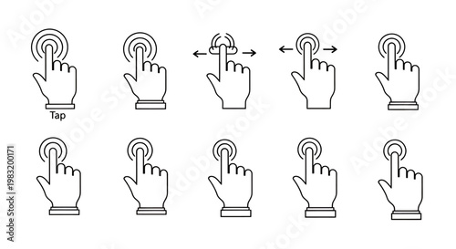 Sequence of Tap Hands Illustrations Demonstrating Clicking Gesture and Repeated Interface Interaction.