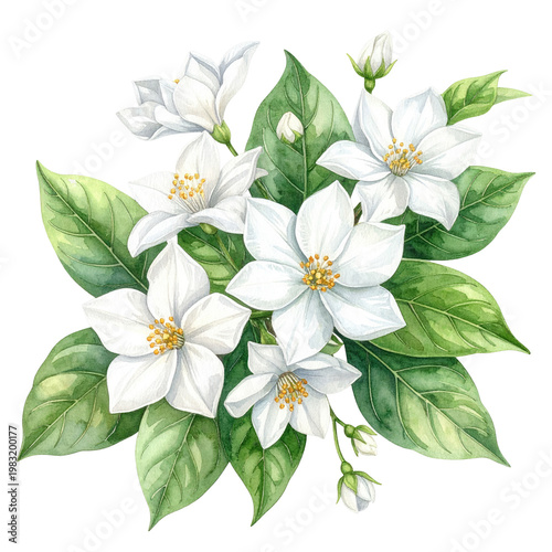 Delicate watercolor of white blossoms with green leaves, lush and detailed