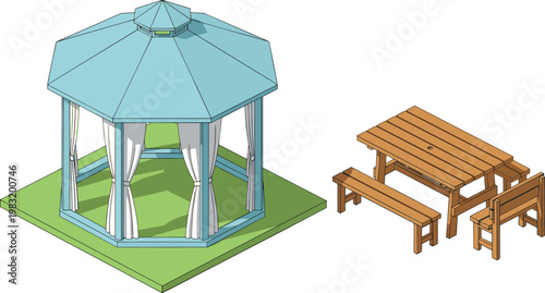 Cartoon vector illustration of outdoor gazebo with curtains and wooden picnic table set showing garden relaxation design