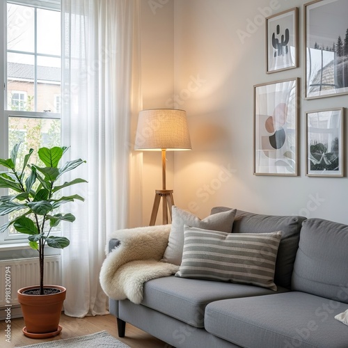 Cozy living room interior with sofa lamp plants and artwork on display