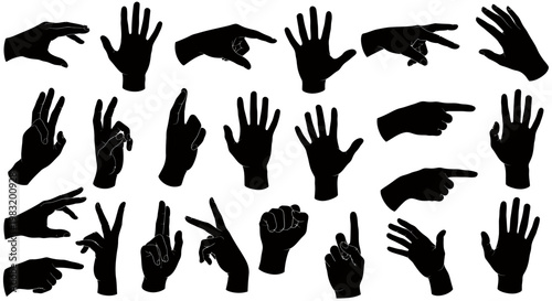 Collection of diverse black silhouette hands performing various gestures and positions against a white background.