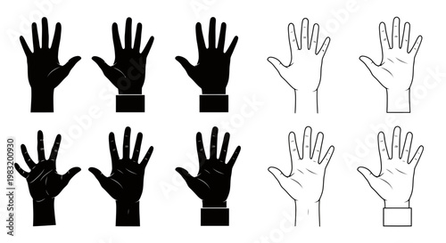 Assorted hand silhouettes and outline icons for graphic design projects.