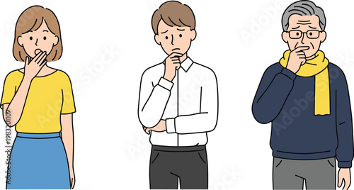 Cartoon vector illustration of people in thoughtful poses with hand on chin showing contemplation and decision making design