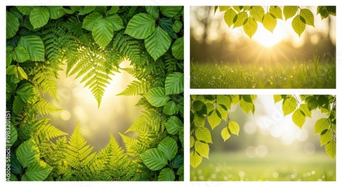 Lush green leaves forming a circular frame with a blurry sunlit forest background
