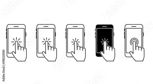 Sequence of hand touch gestures on a smartphone interface illustrating tap actions.
