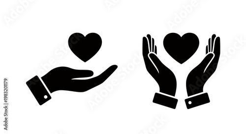 Symbolic offering of care with cupped hands and hearts representing giving, support, and compassion.