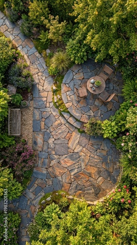 Aerial View of a Circular Garden Pathway Surrounded by Green Trees and Shrubs.