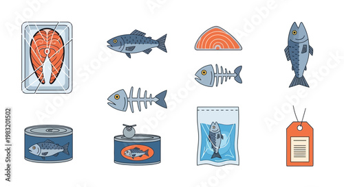 Vector illustrations depicting various fish and seafood products, including fresh, canned, and packaged items