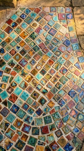 Colorful Mosaic Tile Floor with Intricate Pattern and Vibrant Shades.