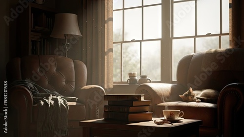 Cozy living room interior with sunlight streaming through a large window