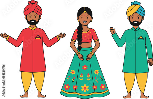 Cartoon vector illustration of people wearing Indian ethnic clothing with kurta, turban, jewelry and cultural festive design