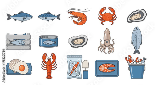 Seafood Variety Collection Fresh Fish, Shellfish, and Canned Goods Illustrated