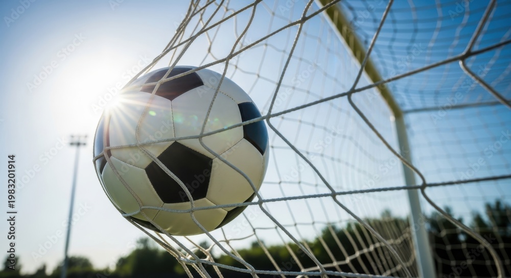 Naklejka premium Soccer ball caught in the goal net with sun flare and blue sky background view