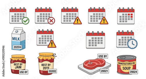 Food expiration dates and storage information on calendars, milk, jam, meat, and canned goods