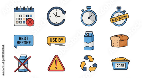 Vital graphic symbols for tracking food expiry, managing product freshness, and understanding safety warnings, aiding responsible consumption practices