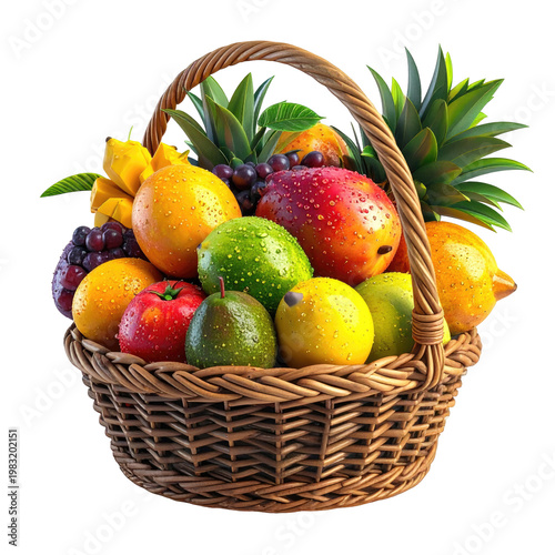 A vibrant basket overflows with a colorful assortment of fresh, juicy fruits