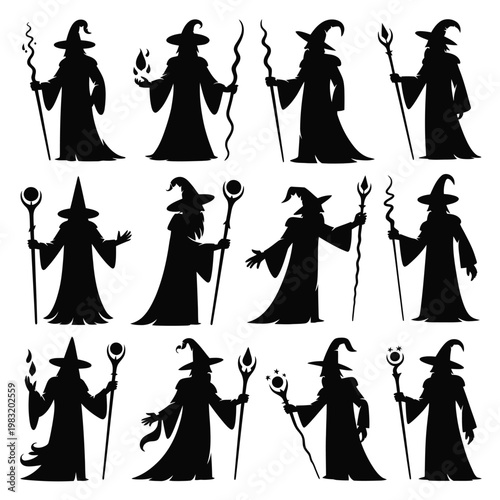 A collection of black silhouettes of wizards with magic wands