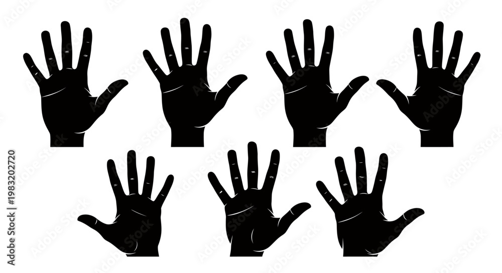 Fototapeta premium Group of silhouetted black hands raised in the air against a white background.