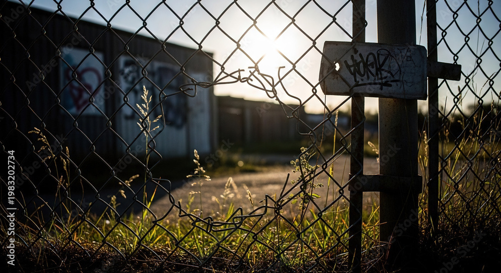 Fototapeta premium Chain-Link Fence with Graffiti Sign at Dusk