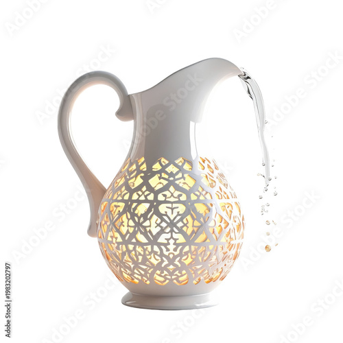White decorative pitcher with intricate cutout design, spilling water, illuminated interior