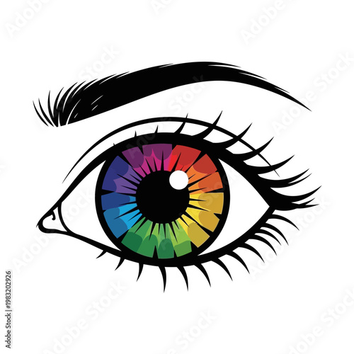 Graphic depiction of an eye with a colorful iris, long lashes, and a defined eyebrow