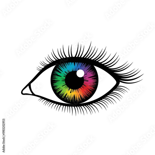 A detailed digital illustration of an eye featuring a rainbow-colored iris with long eyelashes