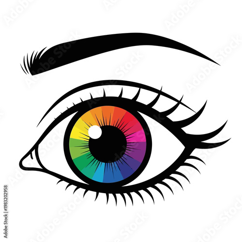 A vibrant eye with a rainbow-colored iris, surrounded by black outlines and eyelashes. Eyebrow above