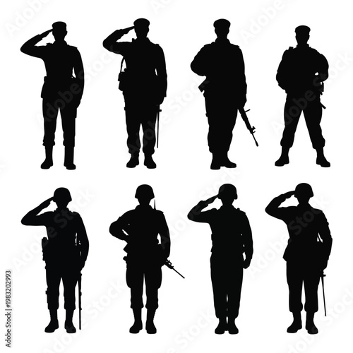A group of soldiers in various poses on a white background