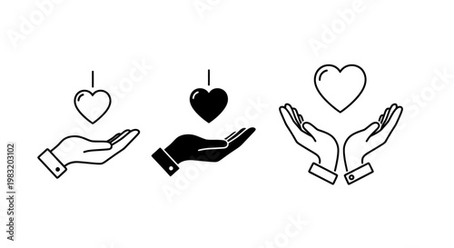 Symbolic hands offering hearts: charity, care, and giving gestures illustration.