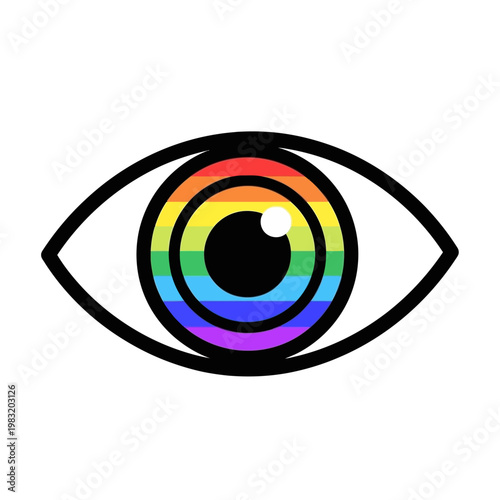 A stylized eye graphic with a rainbow-colored iris and a black outline