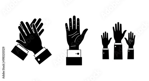 Group of three raised hands in silhouette depicting applause and collective gesture.