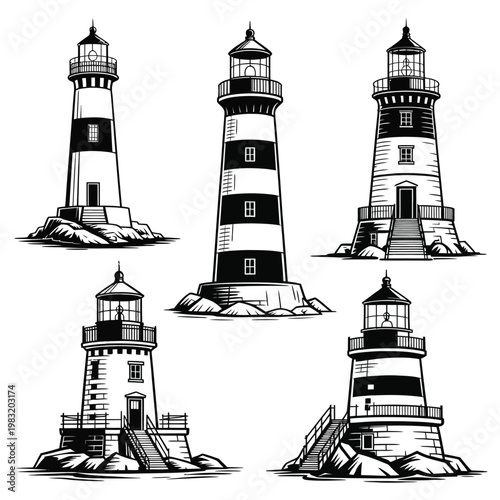 A collection of five different lighthouses on rocky shores