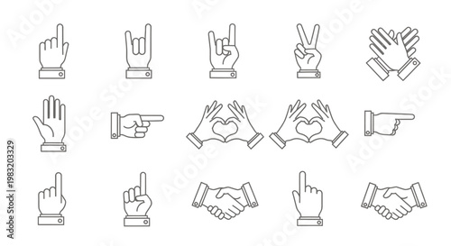 Collection of hand gesture icons in lineart style showcasing various signs and signals.