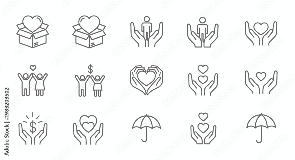 Obraz premium Series of line art icons depicting people in caring, supportive, and celebratory gestures and interactions.
